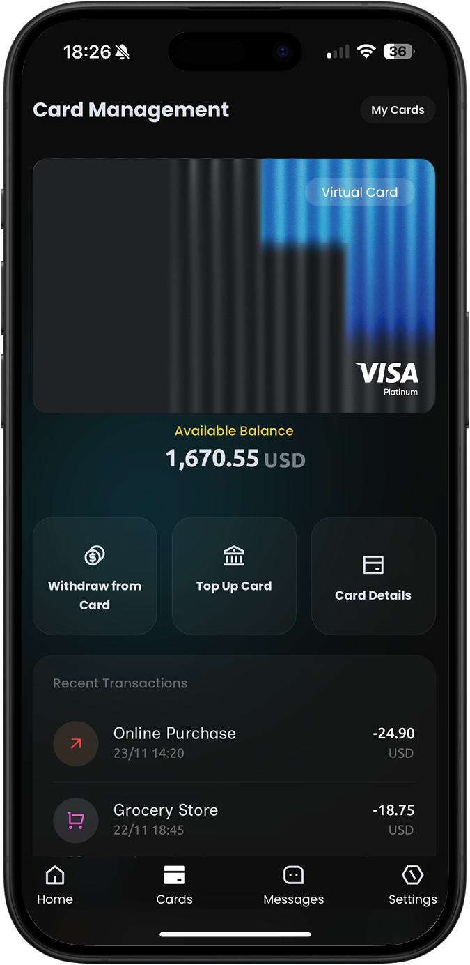 UpFinance 앱 카드 관리 화면